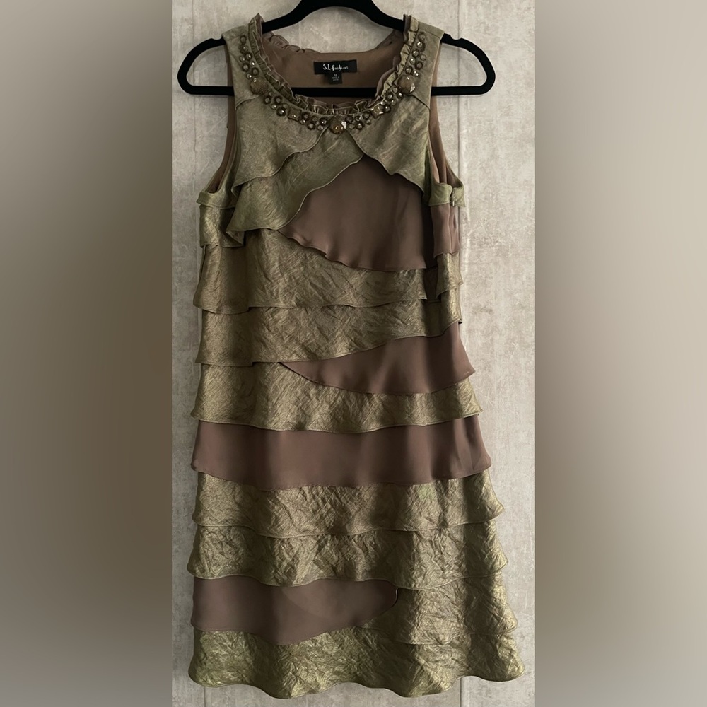 SL Fashions Olive Brown Sleeveless Cocktail PartyBeads Tiered Layered Dress S12